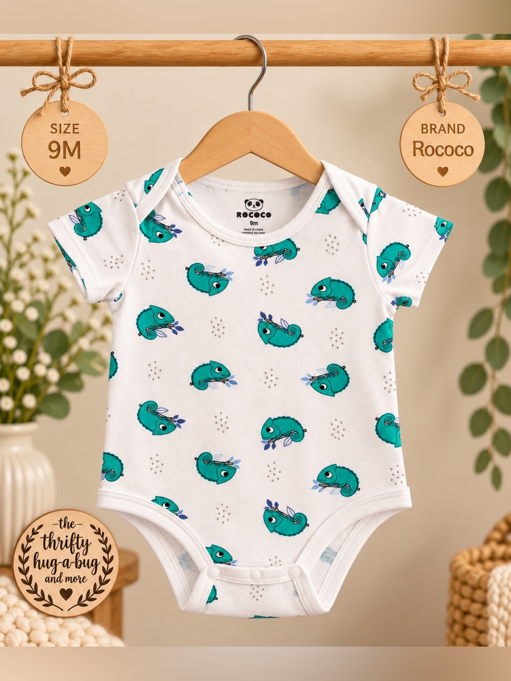Rococo Baby Chameleon Print Bodysuit 9M Teal White
